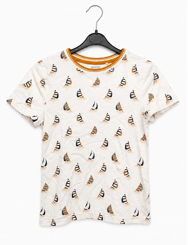 T-shirt Orchestra enfant blanc et orange motifs bateaux – Taille 10 ans, été marin